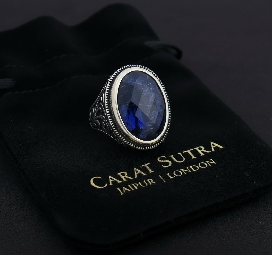 RARE PRINCE by CARAT SUTRA | Unique Turkish Style Ring with S Blue Sapphire, Oxidized Sterling Silver 925 Ring | Jewellery for Men| With Certificate of Authenticity and 925 Hallmark