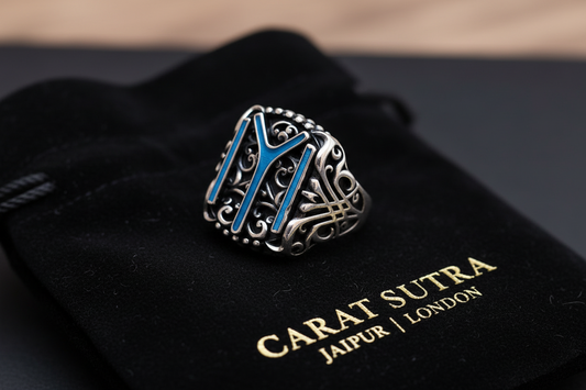 RARE PRINCE by CARAT SUTRA | Unique Designed Kayi Ring with Blue Enamel | 925 Sterling Silver Oxidized Ring | Men's Jewelry | With Certificate of Authenticity and 925 Hallmark - caratsutra