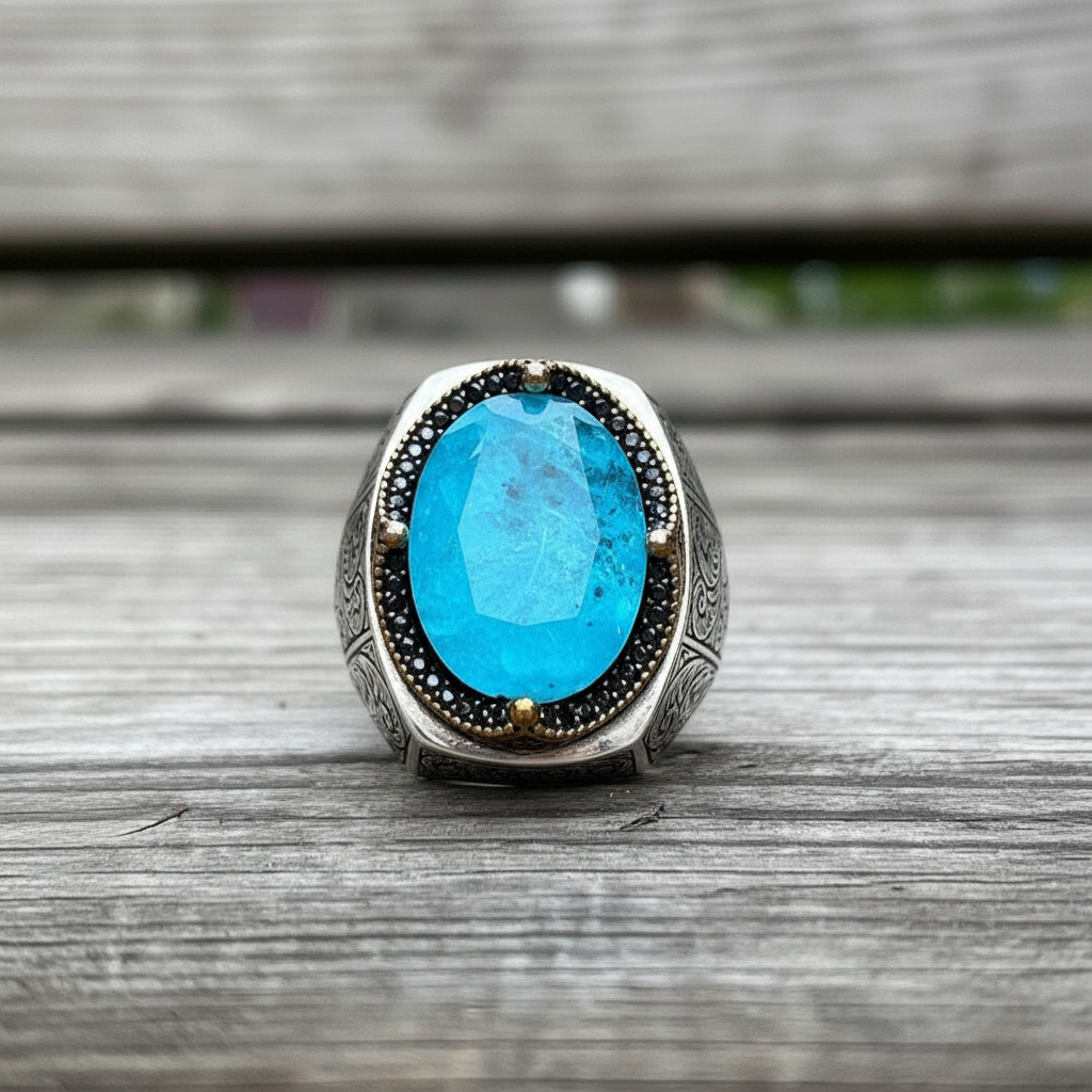 RARE PRINCE by CARAT SUTRA | Unique Designed Turkish Style Heavy Ring with Natural Blue Topaz | 925 Sterling Silver Oxidized Ring | Men's Jewelry | With Certificate of Authenticity and 925 Hallmark - caratsutra