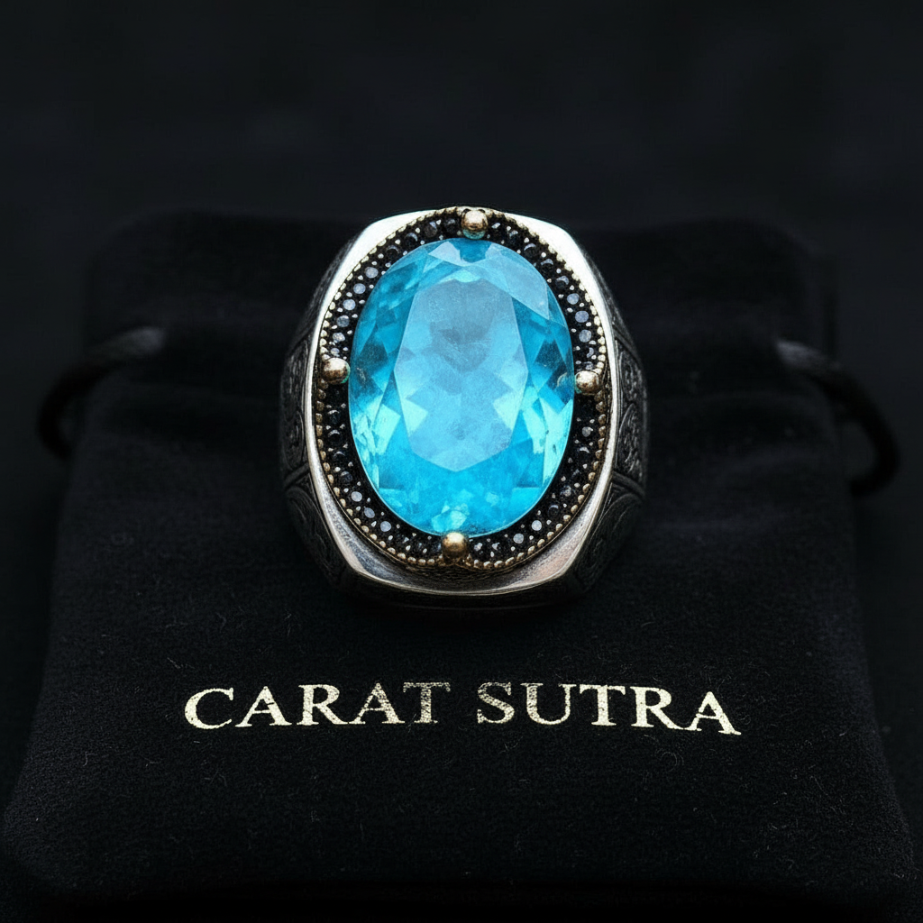 RARE PRINCE by CARAT SUTRA | Unique Designed Turkish Style Heavy Ring with Natural Blue Topaz | 925 Sterling Silver Oxidized Ring | Men's Jewelry | With Certificate of Authenticity and 925 Hallmark