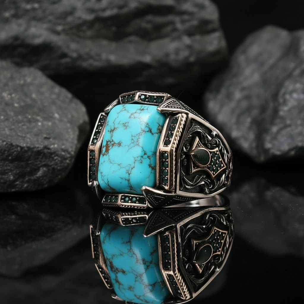 Turkish Style Ring with 15ct Natural Irani Origin Turquoise | 925 Sterling Silver Oxidized Ring |With Certificate of Authenticity and 925 Hallmark