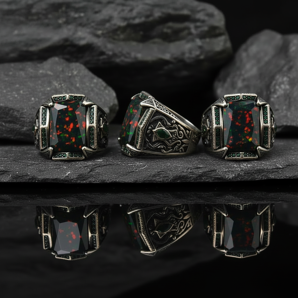 Unique Designed Turkish Style Ring with 15Ct Natural Black Fire Opal | Oxidized Ring - caratsutra