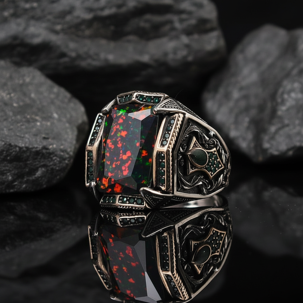 Unique Designed Turkish Style Ring with 15Ct Natural Black Fire Opal | Oxidized Ring - caratsutra