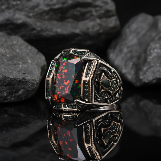Unique Designed Turkish Style Ring with 15Ct Natural Black Fire Opal | 925 Sterling Silver Oxidized Ring | With Certificate of Authenticity and 925 Hallmark