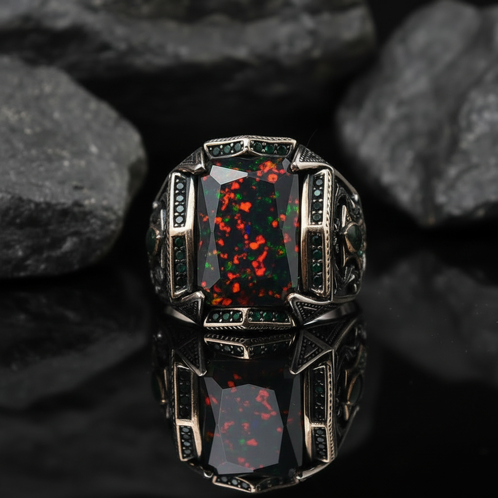 Unique Designed Turkish Style Ring with 15Ct Natural Black Fire Opal | Oxidized Ring - caratsutra