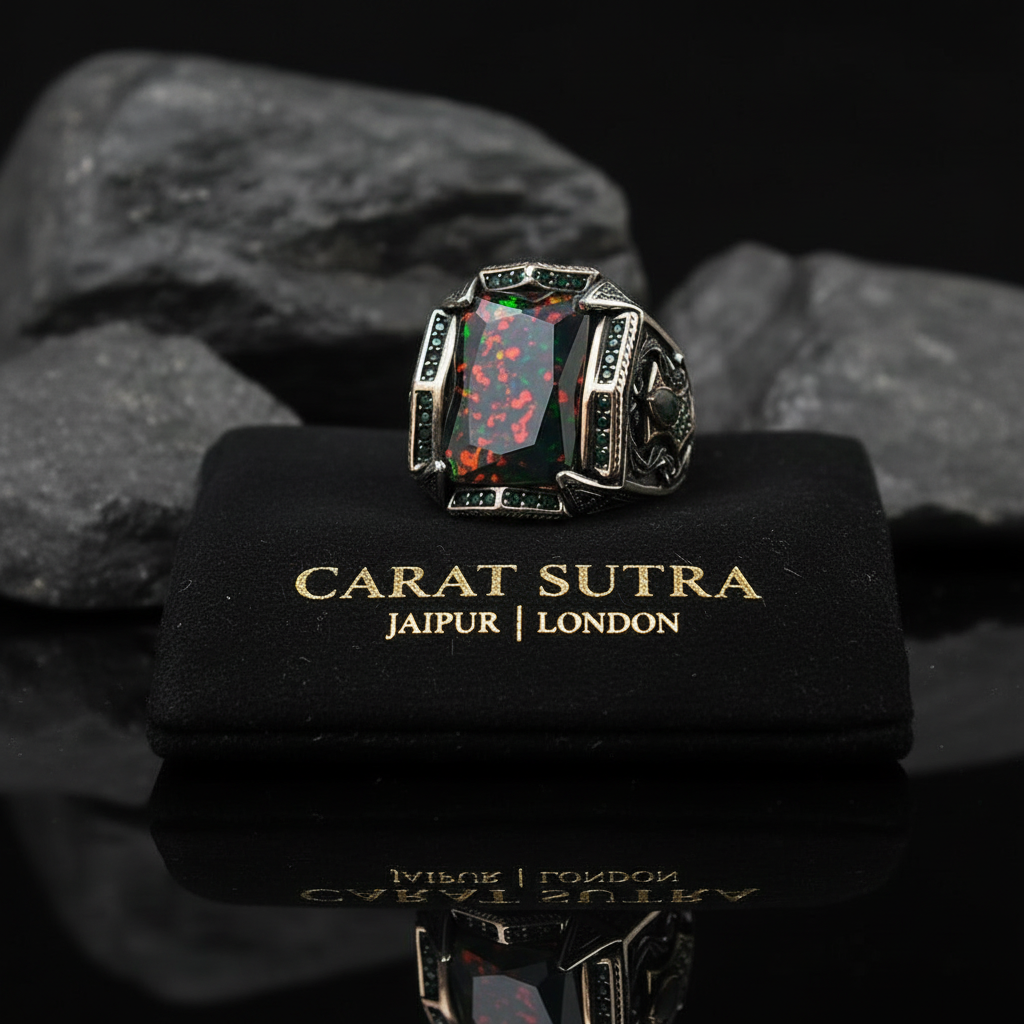 Unique Designed Turkish Style Ring with 15Ct Natural Black Fire Opal | Oxidized Ring - caratsutra
