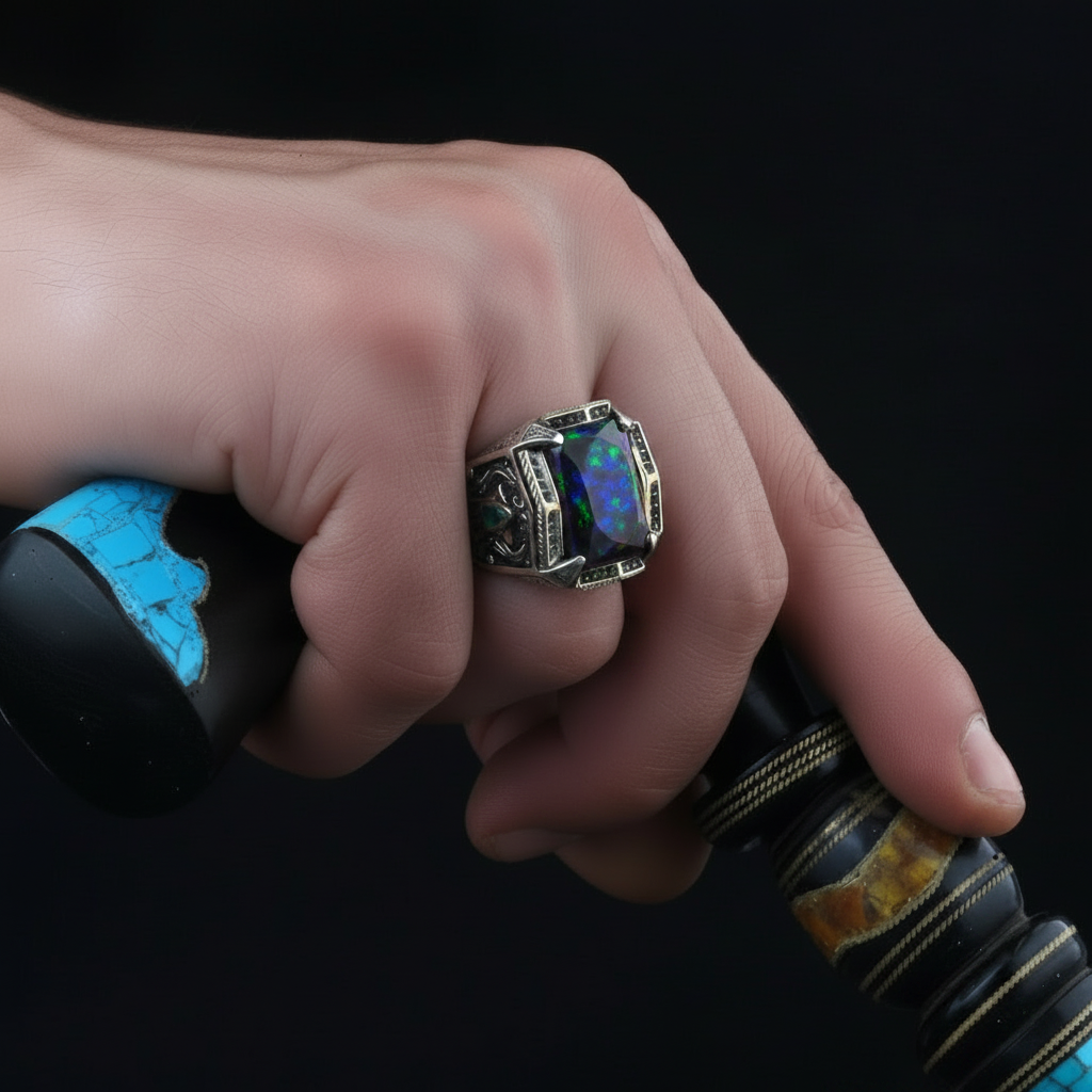 Unique Designed Turkish Style Ring with 15Ct Natural Black Fire Opal | Oxidized Ring - caratsutra