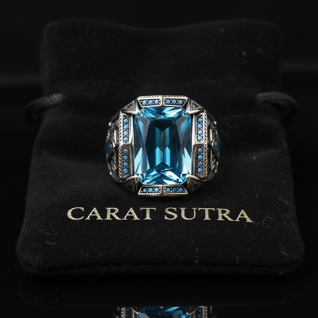 RARE PRINCE by CARAT SUTRA | Unique Designed Turkish Style Heavy Ring with Blue Topaz | 925 Sterling Silver Oxidized Ring | Men's Jewelry | With Certificate of Authenticity and 925 Hallmark
