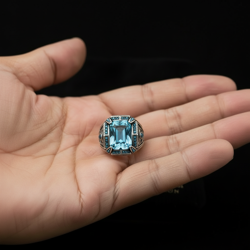 RARE PRINCE by CARAT SUTRA | Unique Designed Turkish Style Heavy Ring with Blue Topaz | 925 Sterling Silver Oxidized Ring | Men's Jewelry | With Certificate of Authenticity and 925 Hallmark - caratsutra