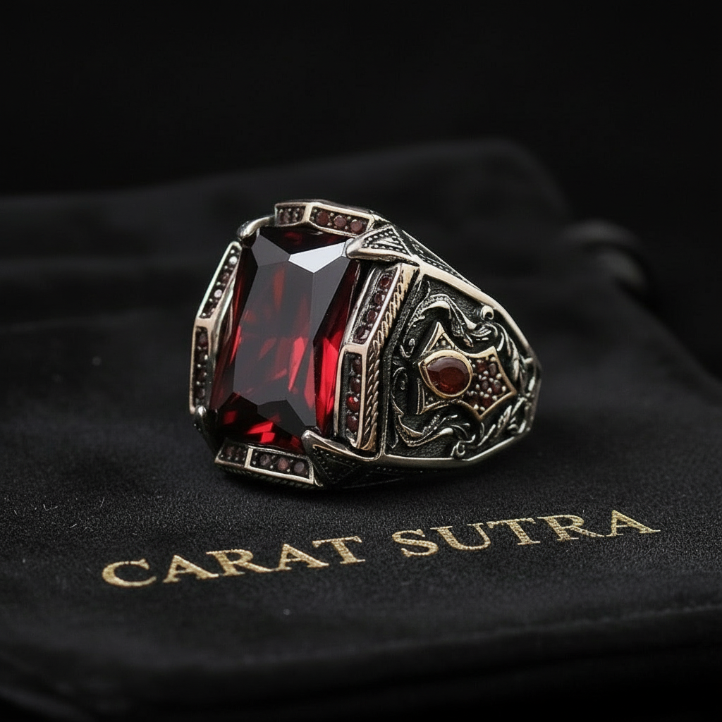 RARE PRINCE by CARAT SUTRA | Unique Designed Turkish Style Heavy Ring with Red Zircon | 925 Sterling Silver Oxidized Ring | Men's Jewelry | With Certificate of Authenticity and 925 Hallmark