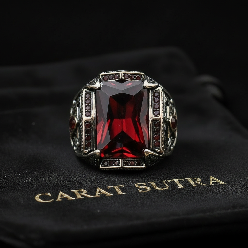 RARE PRINCE by CARAT SUTRA | Unique Designed Turkish Style Heavy Ring with Red Zircon | 925 Sterling Silver Oxidized Ring | Men's Jewelry | With Certificate of Authenticity and 925 Hallmark