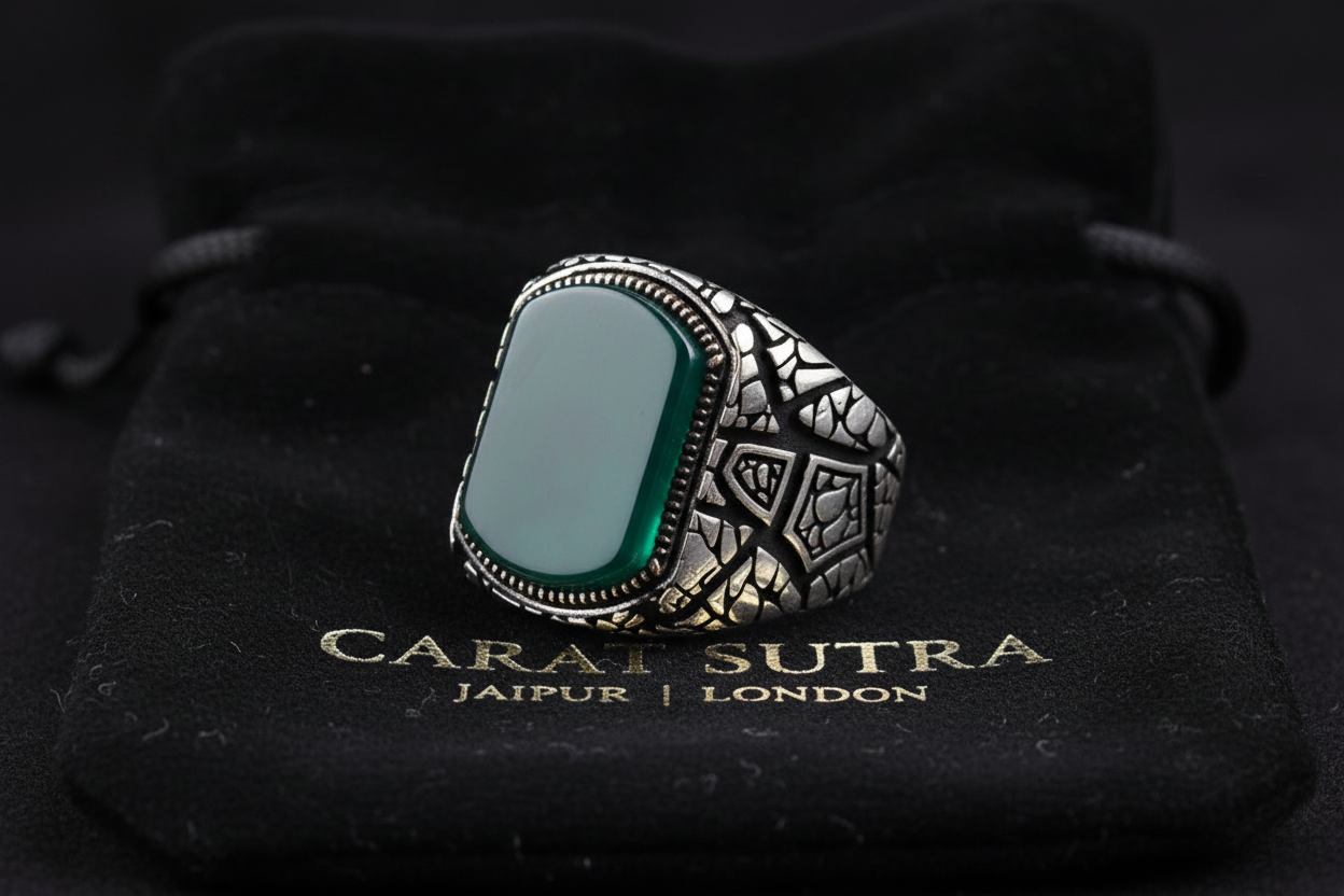 RARE PRINCE by CARAT SUTRA | Unique Designed Turkish Style Ring with Natural Green Onyx | 925 Sterling Silver Oxidized Ring | Men's Jewelry | With Certificate of Authenticity and 925 Hallmark - caratsutra