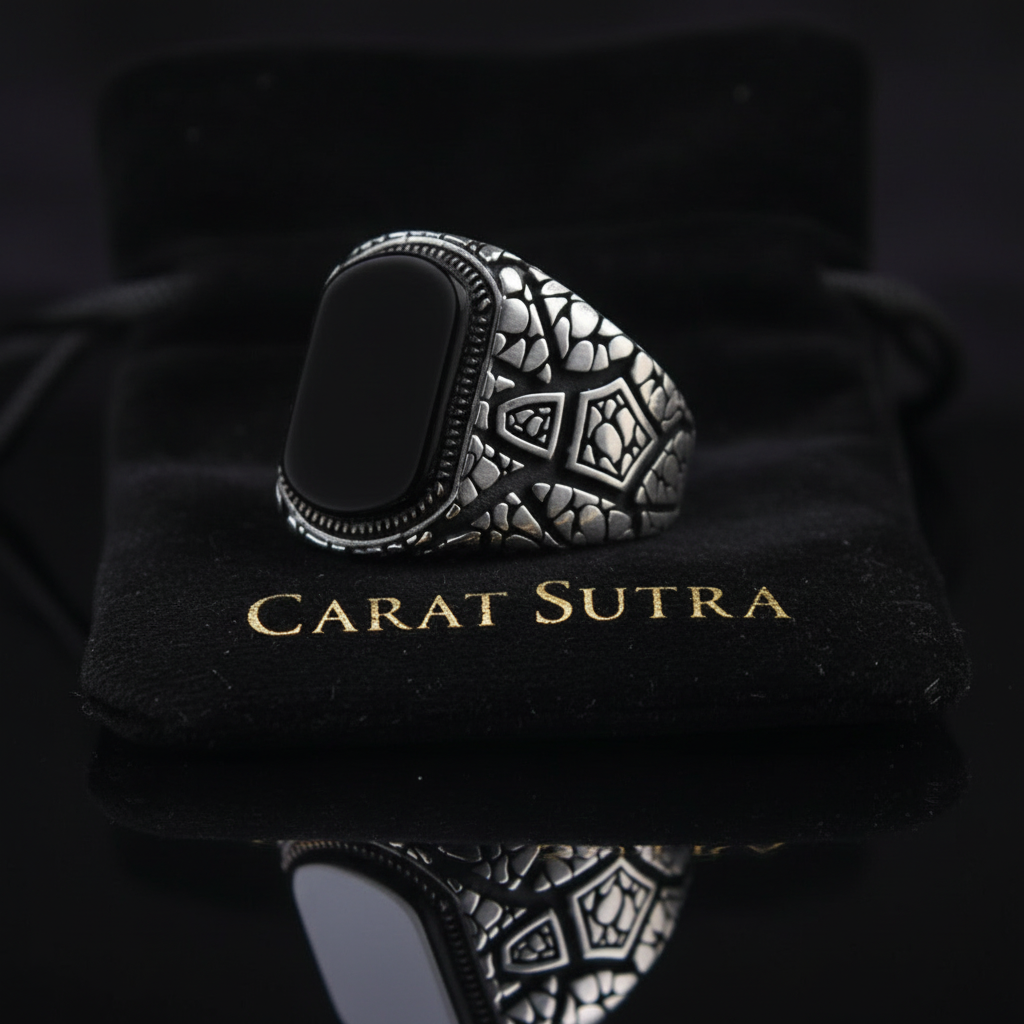 RARE PRINCE by CARAT SUTRA | Unique Designed Turkish Style Ring with Natural Black Onyx | 925 Sterling Silver Oxidized Ring | Men's Jewelry | With Certificate of Authenticity and 925 Hallmark