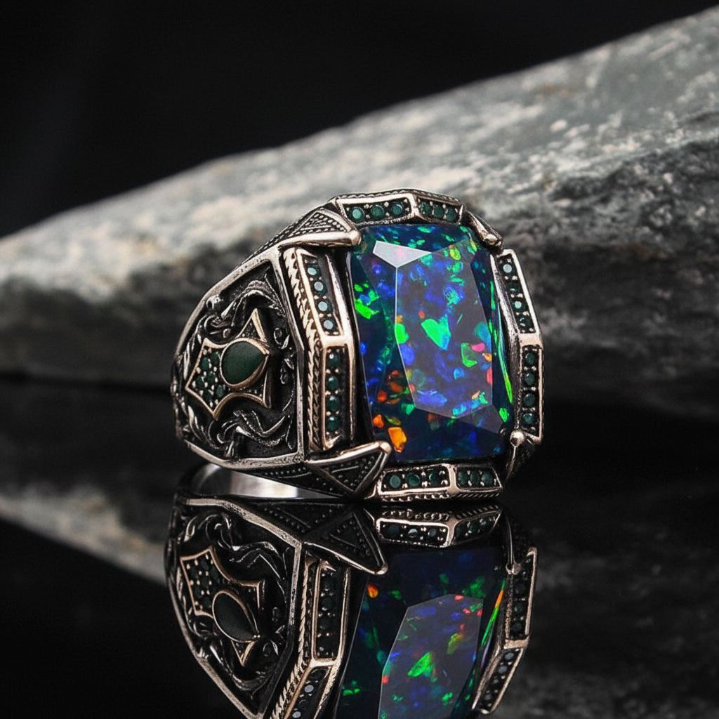 Unique Designed Turkish Style Ring with 15Ct Natural Black Fire Opal | Oxidized Ring - caratsutra