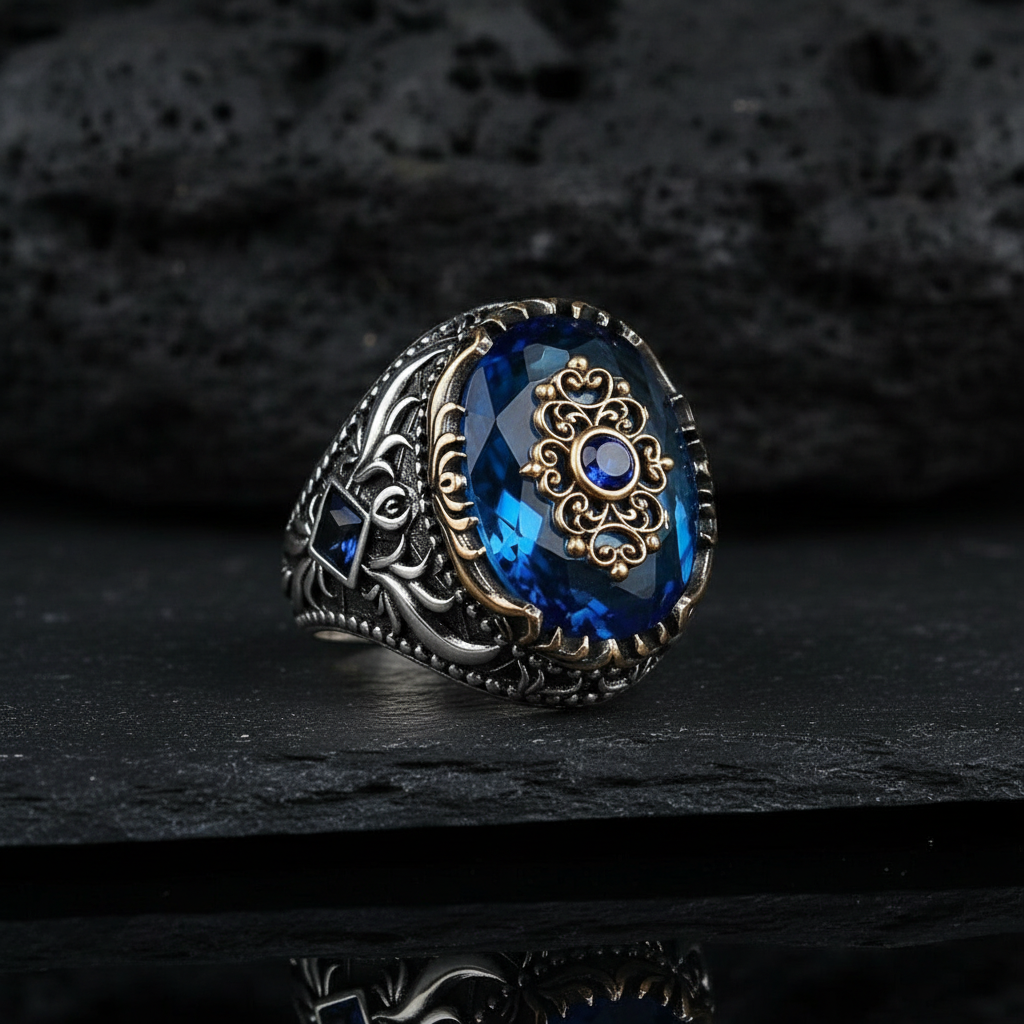RARE PRINCE by CARAT SUTRA | Unique Designed Turkish Style Ring with Blue Topaz Stone | 925 Sterling Silver Oxidized Ring | Men's Jewelry | With Certificate of Authenticity and 925 Hallmark