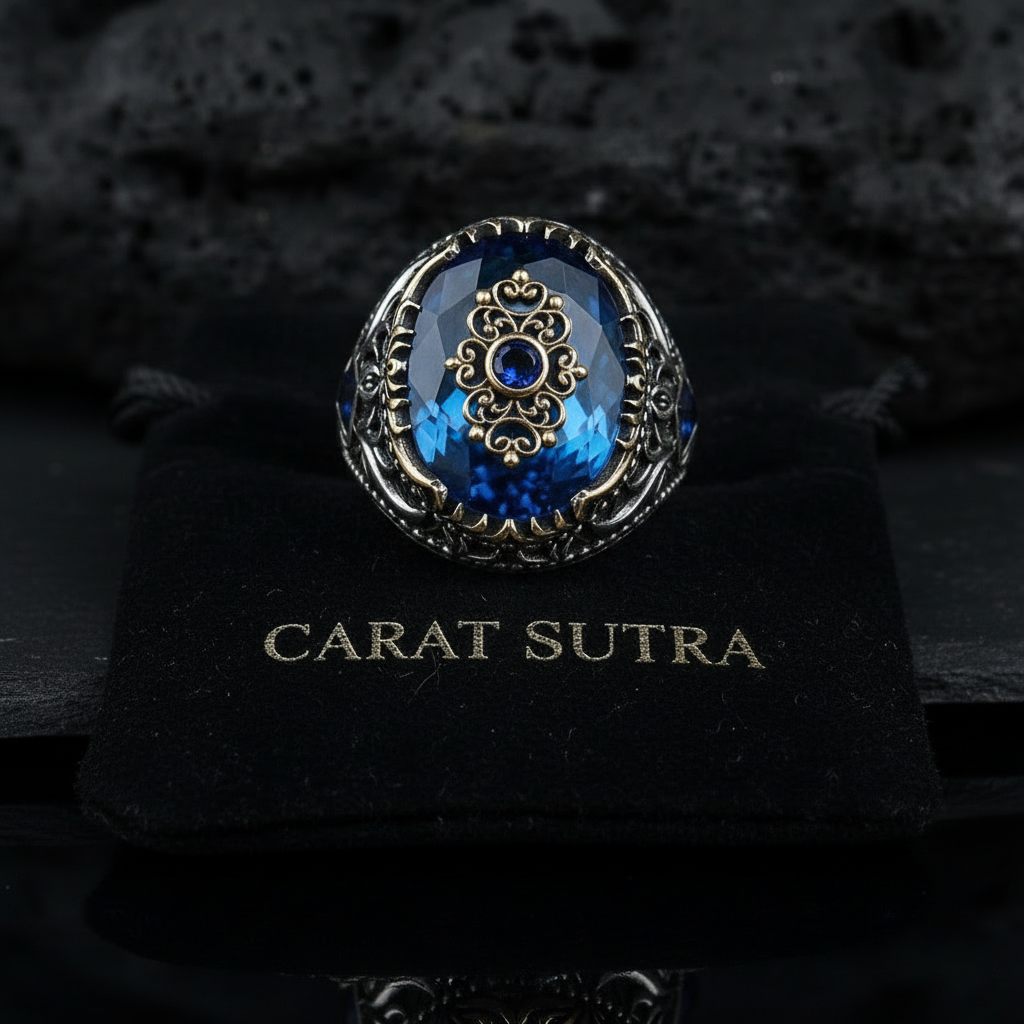 RARE PRINCE by CARAT SUTRA | Unique Designed Turkish Style Ring with Blue Topaz Stone | 925 Sterling Silver Oxidized Ring | Men's Jewelry | With Certificate of Authenticity and 925 Hallmark