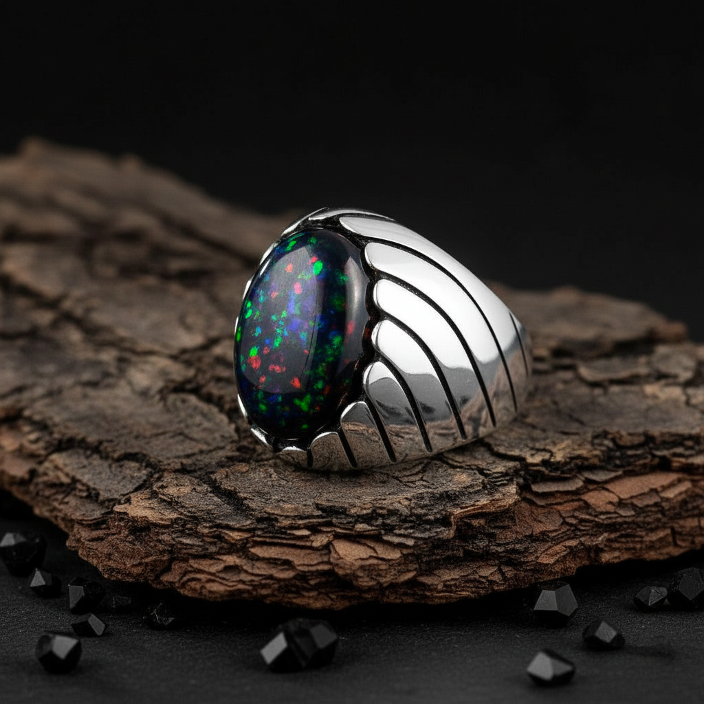 Unique Designed Turkish Style Ring with 12ct Natural Fire Black Opal | 925 Sterling Silver Oxidized Ring | With Certificate of Authenticity and 925 Hallmark