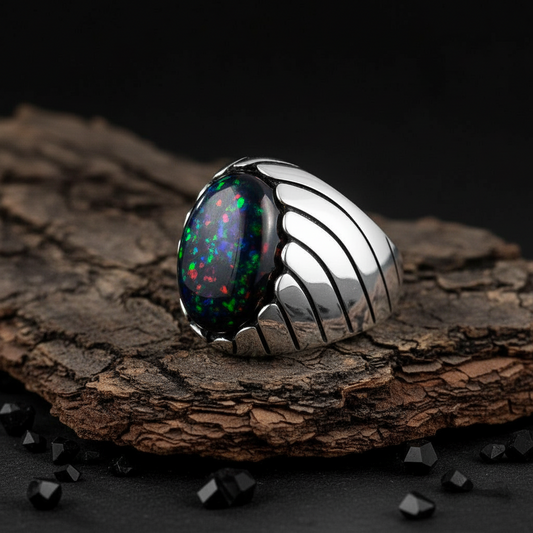 Unique Designed Turkish Style Ring with 12ct Natural Fire Black Opal | 925 Sterling Silver Oxidized Ring | With Certificate of Authenticity and 925 Hallmark
