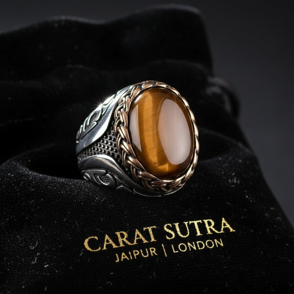 RARE PRINCE by CARAT SUTRA | Unique Designed Turkish Style Ring with Natural Tiger Eye | 925 Sterling Silver Oxidized Ring | Men's Jewelry | With Certificate of Authenticity and 925 Hallmark