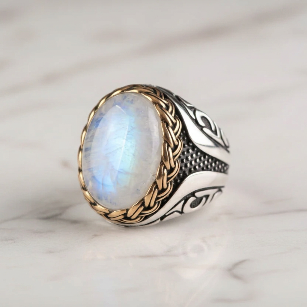 RARE PRINCE by CARAT SUTRA | Unique Designed Turkish Style Ring with Natural Rainbow Moonstone Eye | 925 Sterling Silver with Hallmark