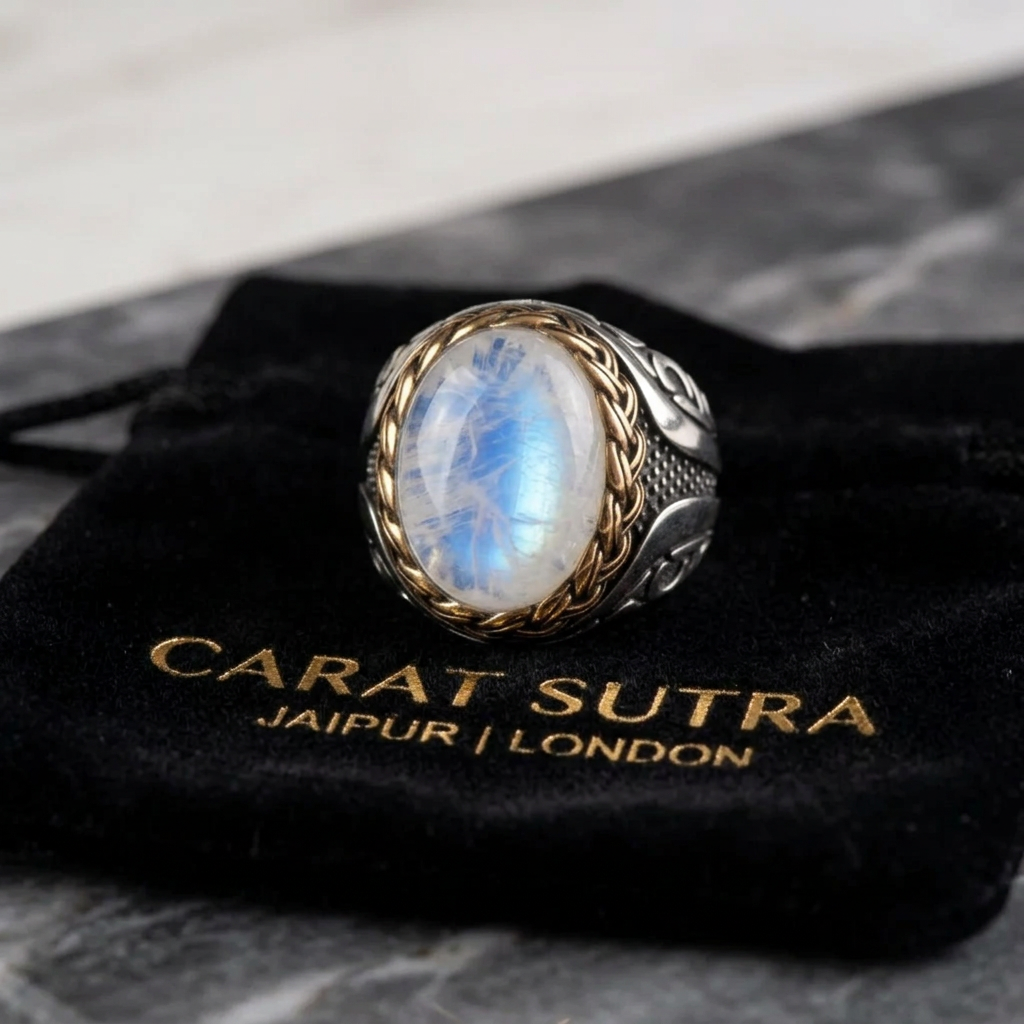 RARE PRINCE by CARAT SUTRA | Unique Designed Turkish Style Ring with Natural Rainbow Moonstone Eye | 925 Sterling Silver with Hallmark