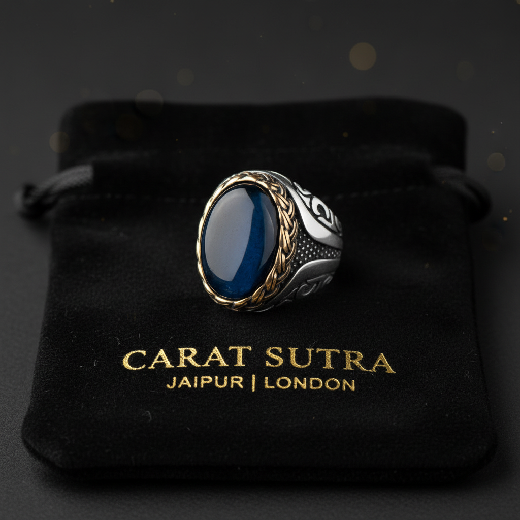 RARE PRINCE by CARAT SUTRA | Unique Designed Turkish Style Ring with Blue Sapphire | 925 Sterling Silver Oxidized Ring | Men's Jewelry | With Certificate of Authenticity and 925 Hallmark - caratsutra