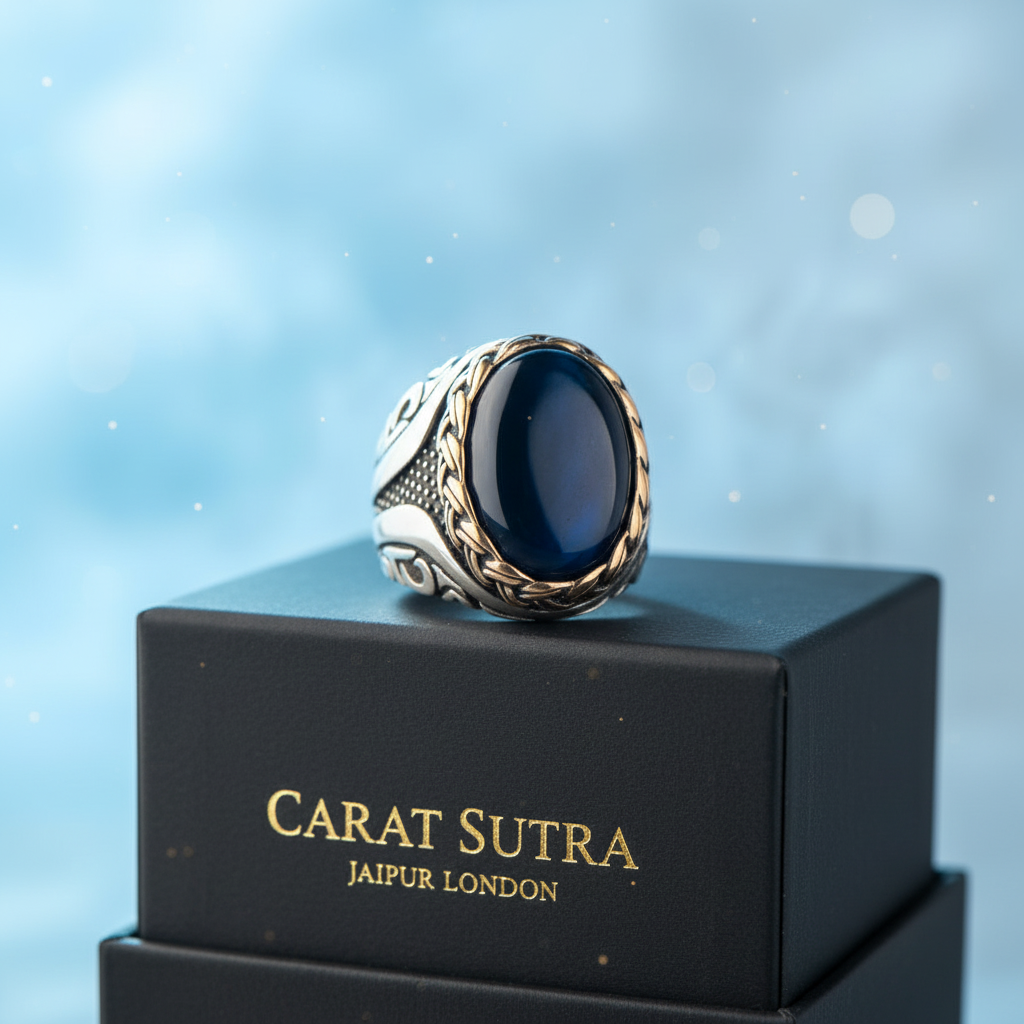 RARE PRINCE by CARAT SUTRA | Unique Designed Turkish Style Ring with Blue Sapphire | 925 Sterling Silver Oxidized Ring | Men's Jewelry | With Certificate of Authenticity and 925 Hallmark - caratsutra