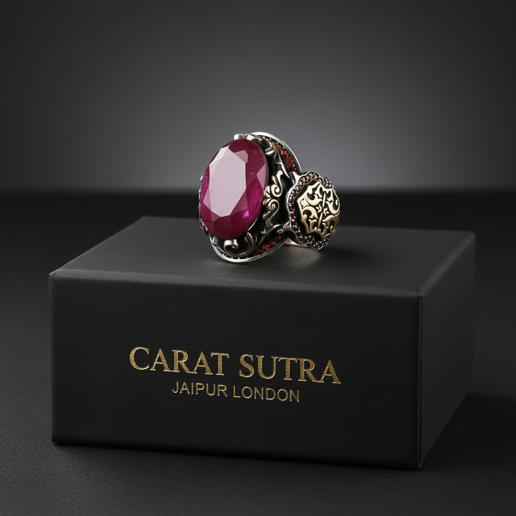 RARE PRINCE by CARAT SUTRA | Unique Designed Turkish Style Heavy Ring with Natural Red Ruby | 22kt Gold Micron Plated 925 Sterling Silver Oxidized Ring | Men's Jewelry | With Certificate of Authenticity and 925 Hallmark - caratsutra