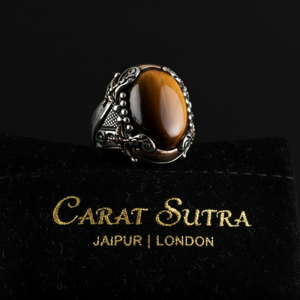 RARE PRINCE by CARAT SUTRA | Unique Designed Turkish Style Ring with Zulfiqar Sword and Natural Tiger Eye  | 925 Sterling Silver Oxidized Ring | Men's Jewelry | With Certificate of Authenticity and 925 Hallmark - caratsutra