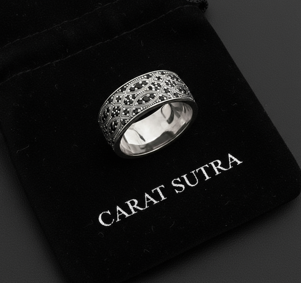 RARE PRINCE by CARAT SUTRA | Exclusive Streamline Band Ring Studded with Black Swarovski for Men, Oxidized Sterling Silver 925 Ring | Jewellery for Men| With Certificate of Authenticity and 925 Hallmark - caratsutra