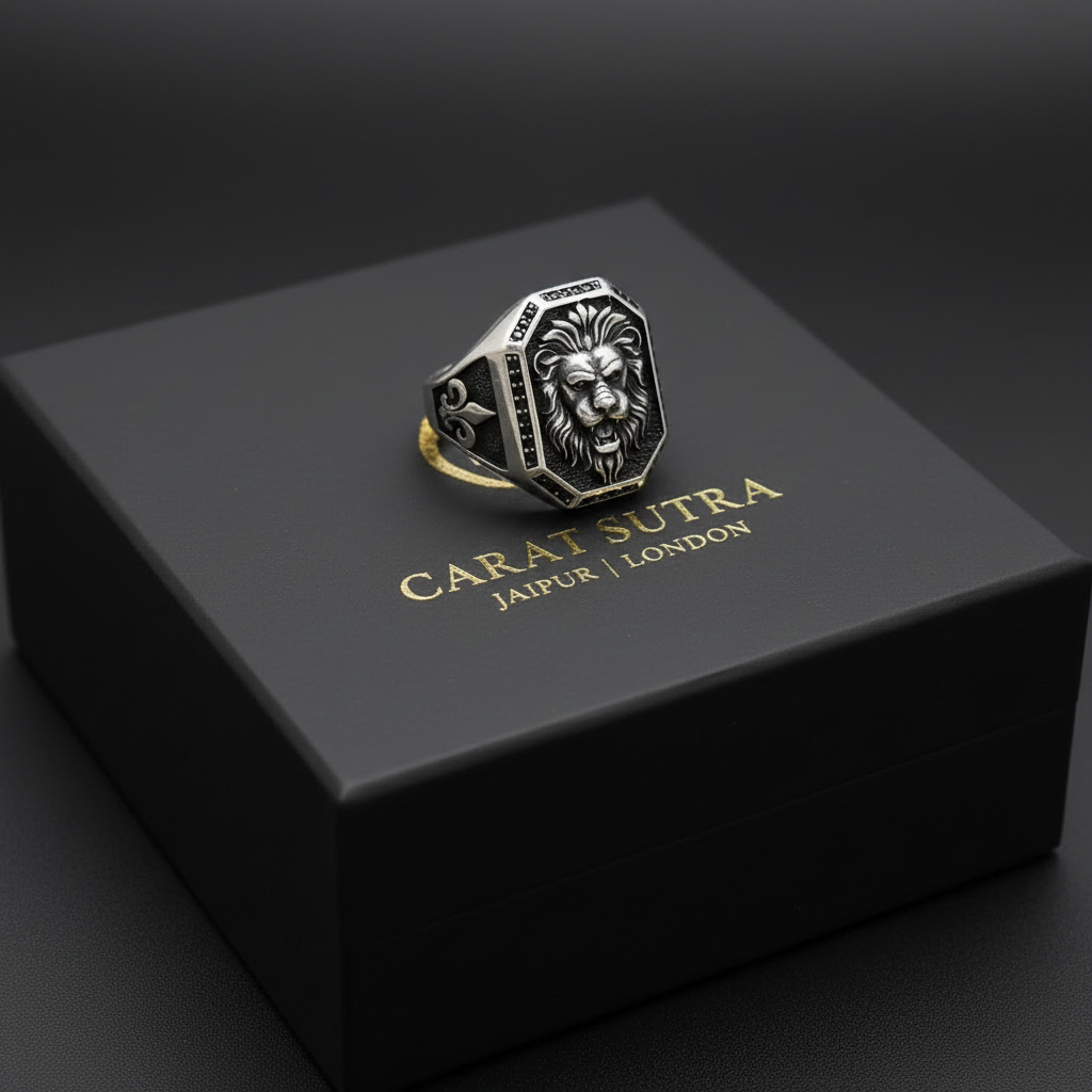 RARE PRINCE by CARAT SUTRA | Unique Design Lion Ring with Illuminati/ Evil Eye Symbol | Oxidized 925 Sterling Silver Ring | Men's Jewelry | With Certificate of Authenticity and 925 Hallmark - caratsutra