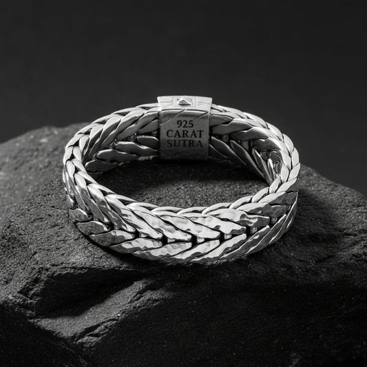 RARE PRINCE by CARAT SUTRA | 16mm Wide Hammered Textured Bracelet | 925 Sterling Silver Bracelet | Men's Jewelry | With Certificate of Authenticity and 925 Hallmark
