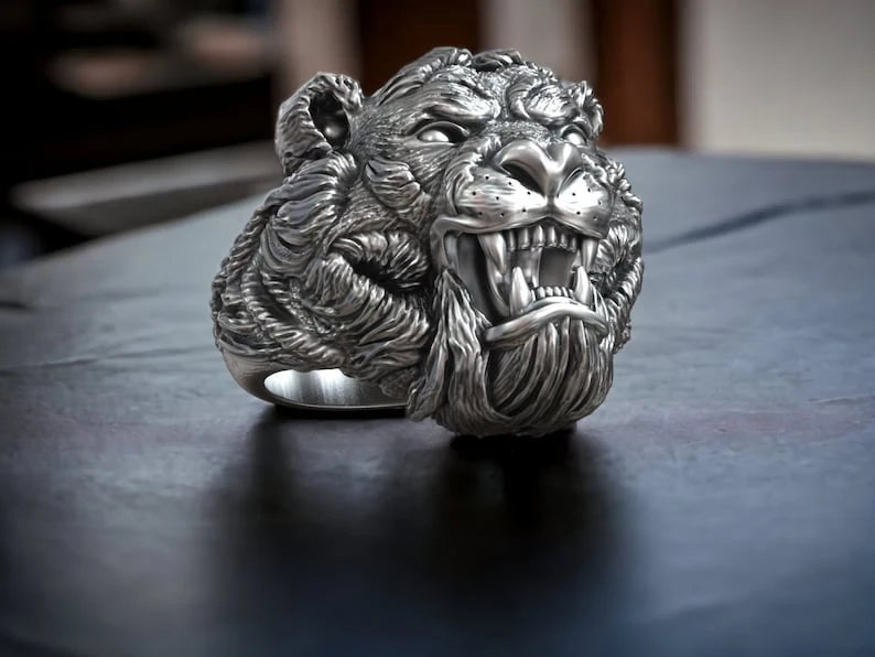 RARE PRINCE by CARAT SUTRA | Unique Designed Solid Ferocious 3D Tiger Face Ring | 925 Sterling Silver Oxidized Ring | Men's Jewelry | With Certificate of Authenticity and 925 Hallmark