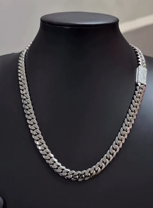 Solid 12mm Miami Cuban Link Chain with Iced Lock |  White Rhodium Plated on 925 Sterling Silver Chain with AAA+ Quality Swarovski Diamonds | With Certificate of Authenticity and 925 Hallmark