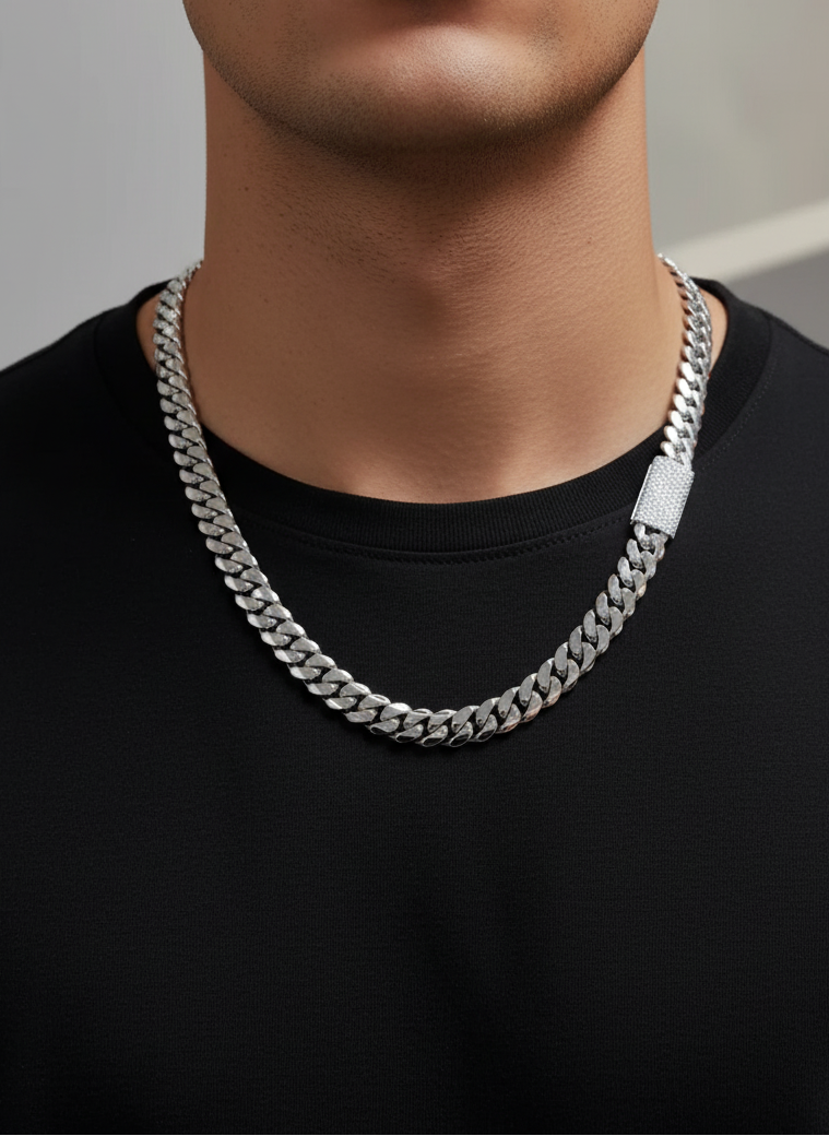 Solid 12mm Miami Cuban Link Chain with Iced Lock |  White Rhodium Plated on 925 Sterling Silver Chain with AAA+ Quality Swarovski Diamonds | With Certificate of Authenticity and 925 Hallmark