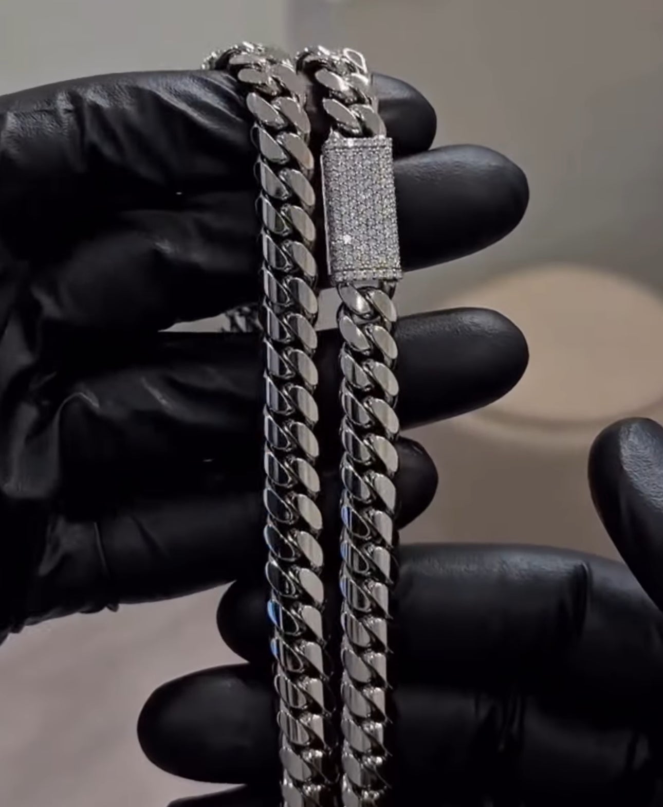 Solid 12mm Miami Cuban Link Chain with Iced Lock |  White Rhodium Plated on 925 Sterling Silver Chain with AAA+ Quality Swarovski Diamonds | With Certificate of Authenticity and 925 Hallmark