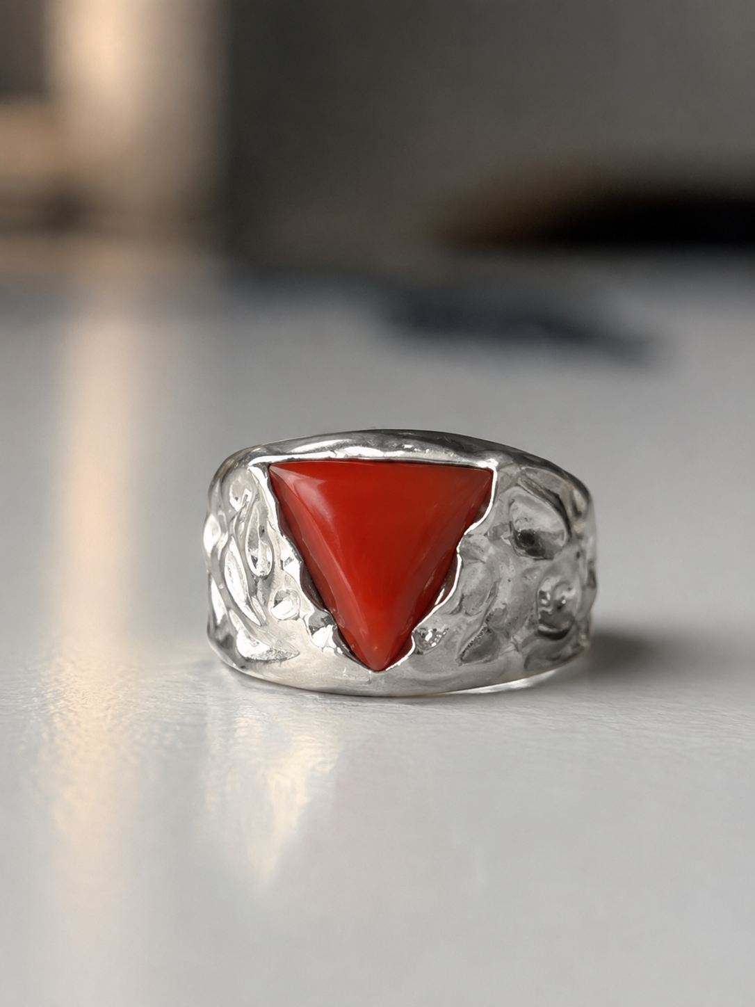ZigZag Shaped ring with Triangular shaped 8ct Natural Red Coral (Moonga) | 925 Sterling Silver Oxidized Ring | With Certificate of Authenticity and 925 Hallmark