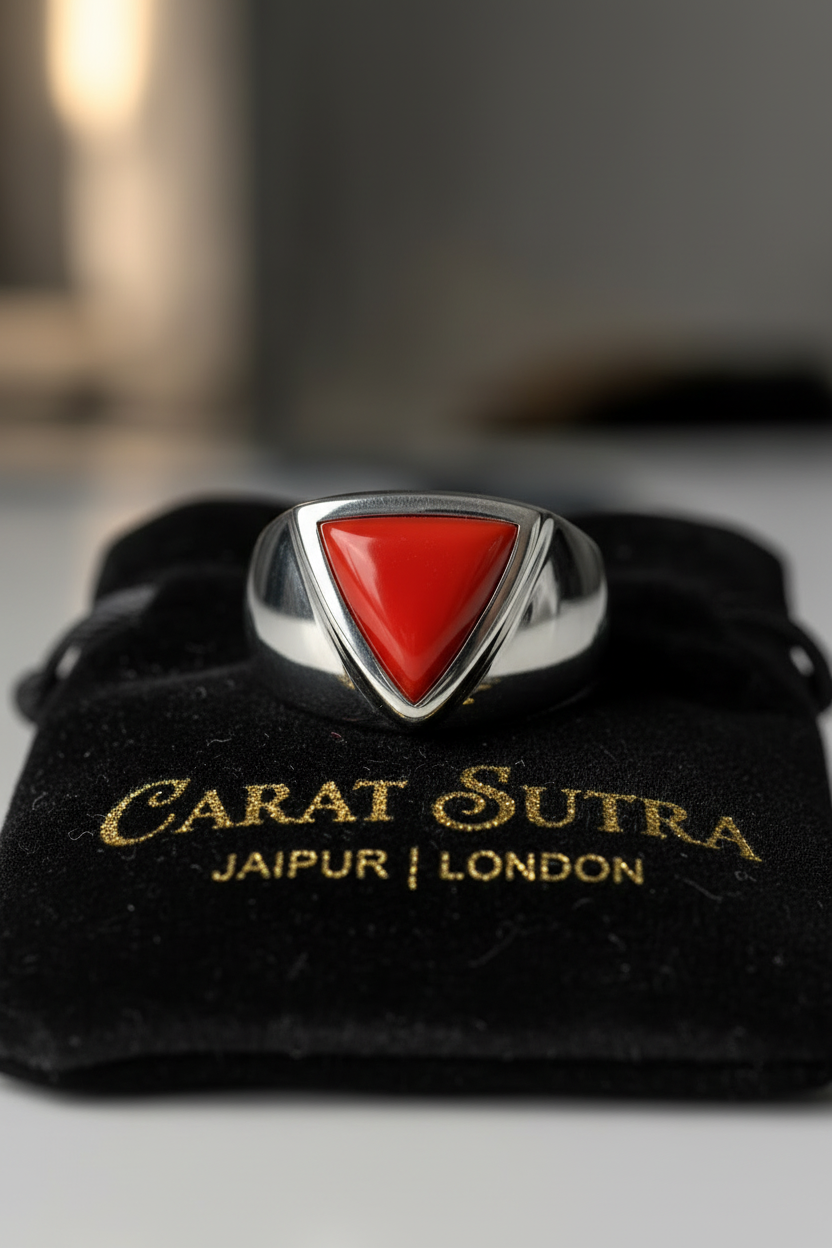 Classic  Triangular shaped 8ct Natural Red Coral (Moonga) | 925 Sterling Silver Oxidized Ring | With Certificate of Authenticity and 925 Hallmark