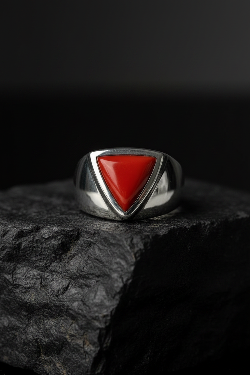 Classic  Triangular shaped 8ct Natural Red Coral (Moonga) | 925 Sterling Silver Oxidized Ring | With Certificate of Authenticity and 925 Hallmark