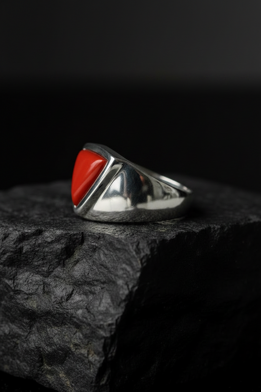 Classic  Triangular shaped 8ct Natural Red Coral (Moonga) | 925 Sterling Silver Oxidized Ring | With Certificate of Authenticity and 925 Hallmark