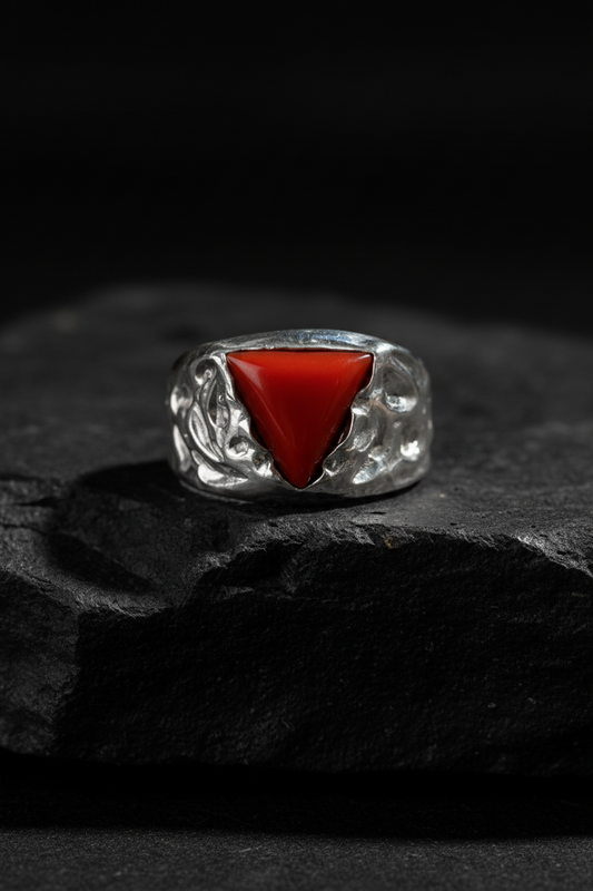 ZigZag Shaped ring with Triangular shaped 8ct Natural Red Coral (Moonga) | 925 Sterling Silver Oxidized Ring | With Certificate of Authenticity and 925 Hallmark