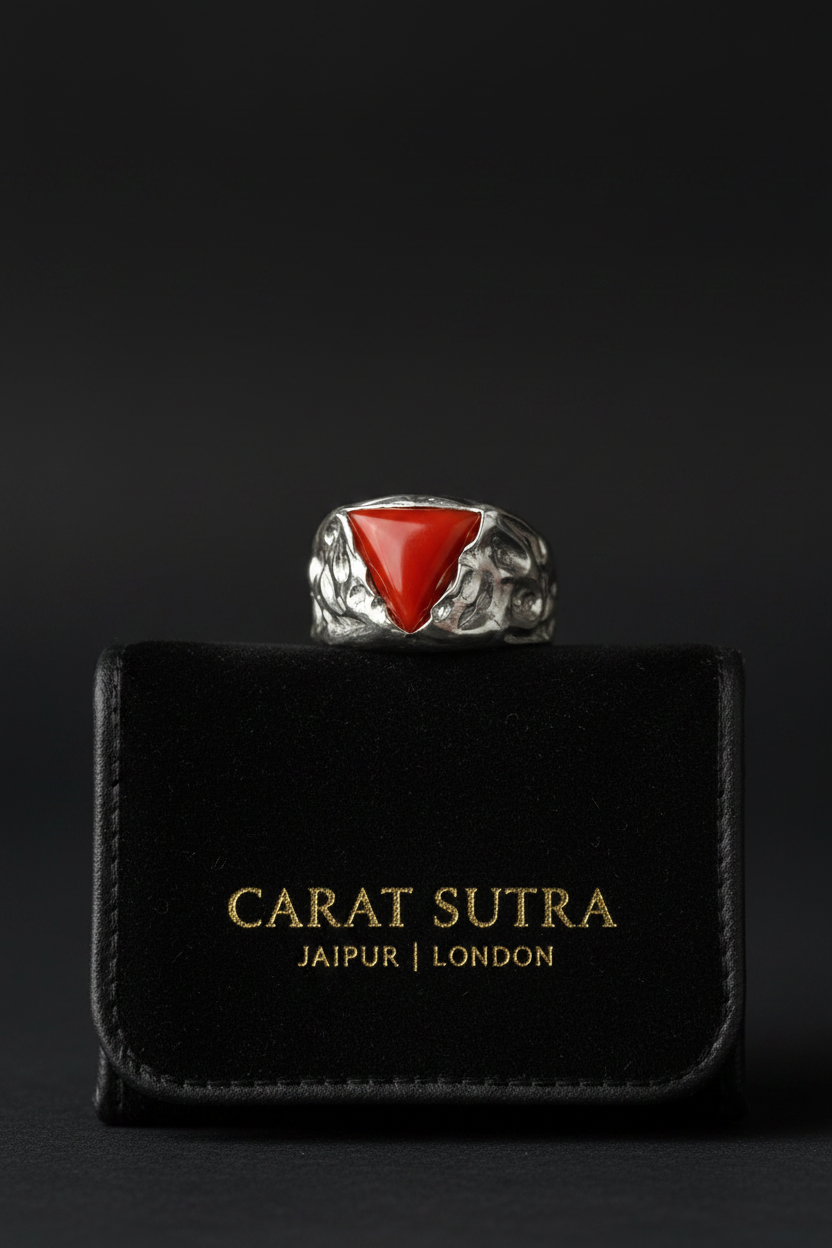 ZigZag Shaped ring with Triangular shaped 8ct Natural Red Coral (Moonga) | 925 Sterling Silver Oxidized Ring | With Certificate of Authenticity and 925 Hallmark