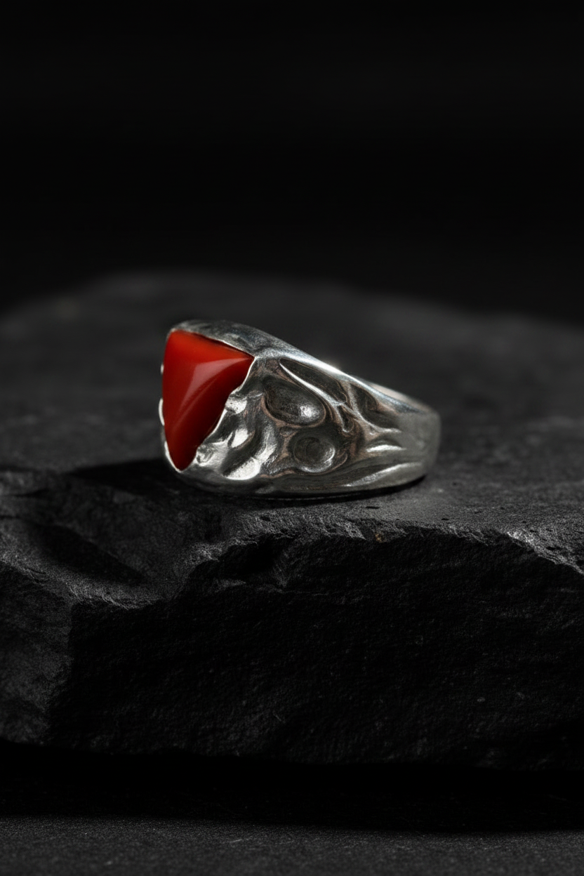 ZigZag Shaped ring with Triangular shaped 8ct Natural Red Coral (Moonga) | 925 Sterling Silver Oxidized Ring | With Certificate of Authenticity and 925 Hallmark