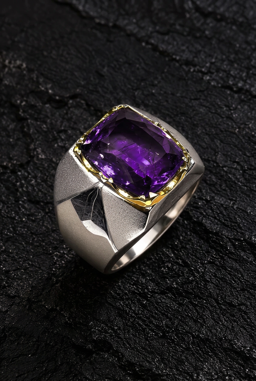 Signet Ring studded with 10ct Natural Amethyst Stone | 925 Sterling Silver with Hallmark