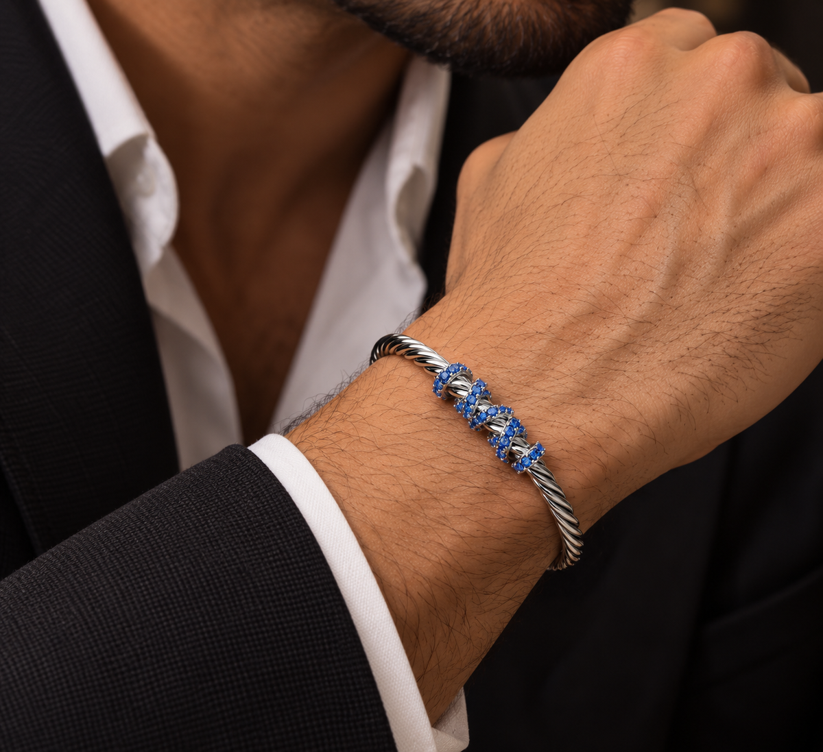 Rope Style Adjustable Cuff Bangle/kadaa studded with Blue Zircons | 925 Sterling Silver Bracelet