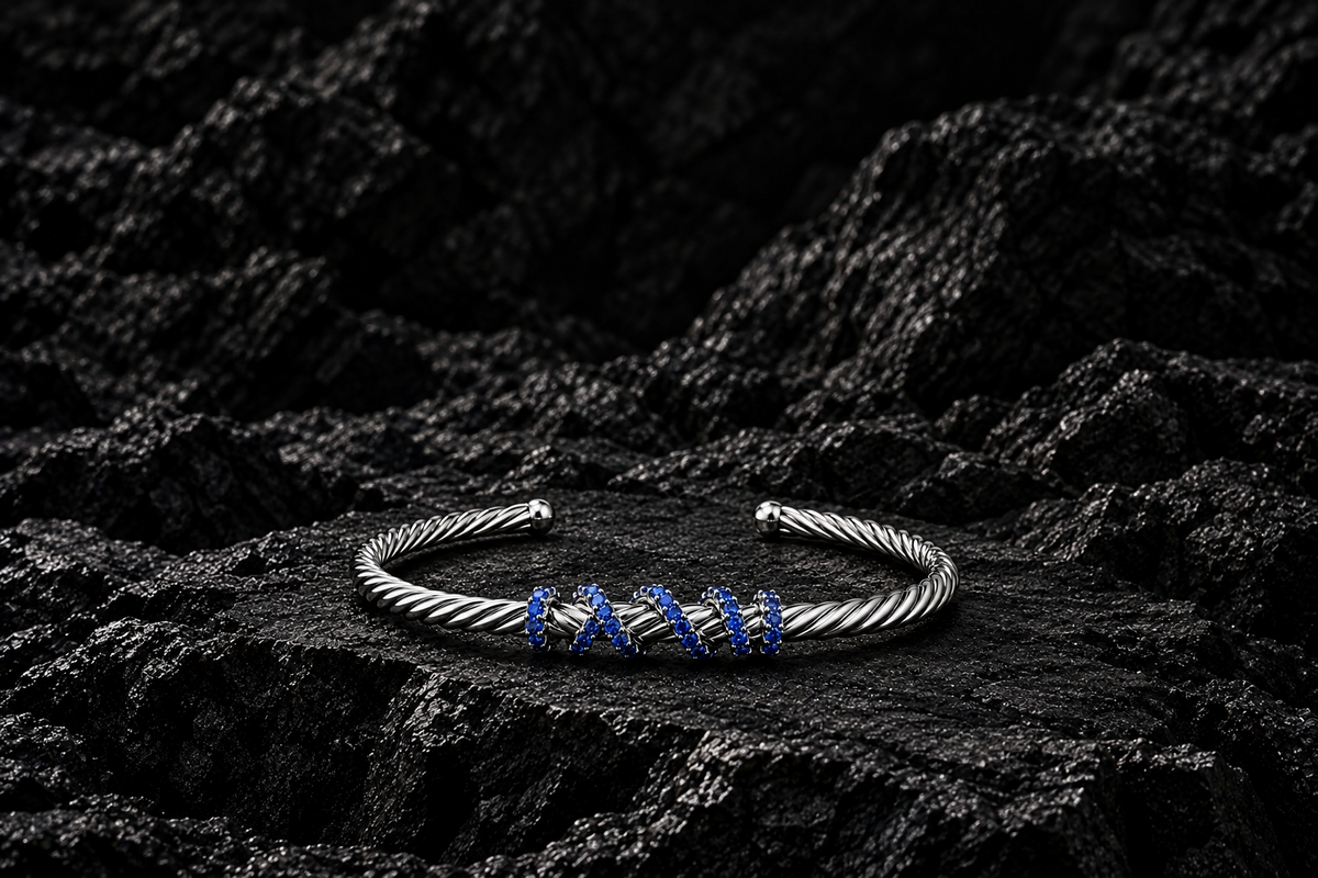 Rope Style Adjustable Cuff Bangle/kadaa studded with Blue Zircons | 925 Sterling Silver Bracelet
