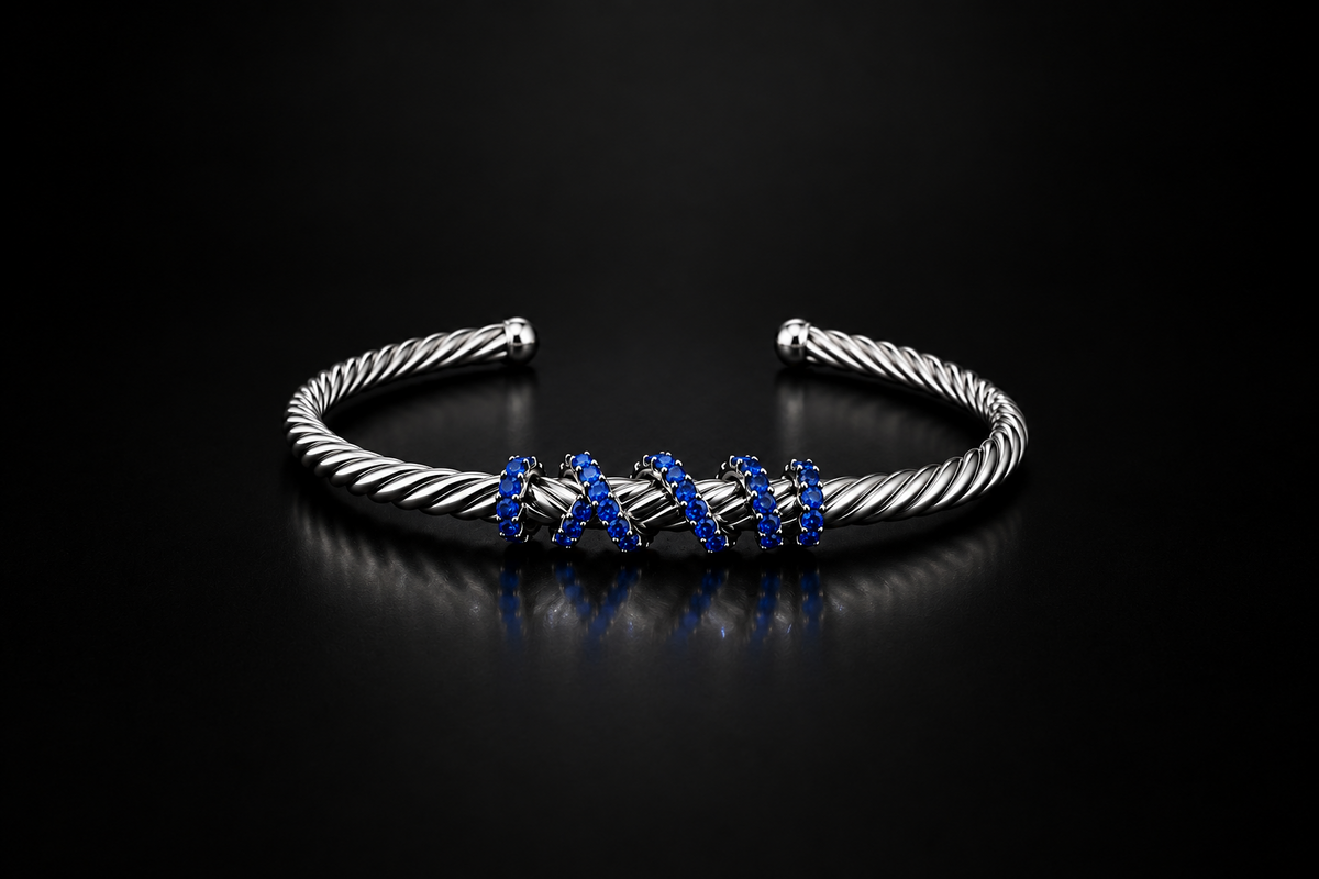 Rope Style Adjustable Cuff Bangle/kadaa studded with Blue Zircons | 925 Sterling Silver Bracelet