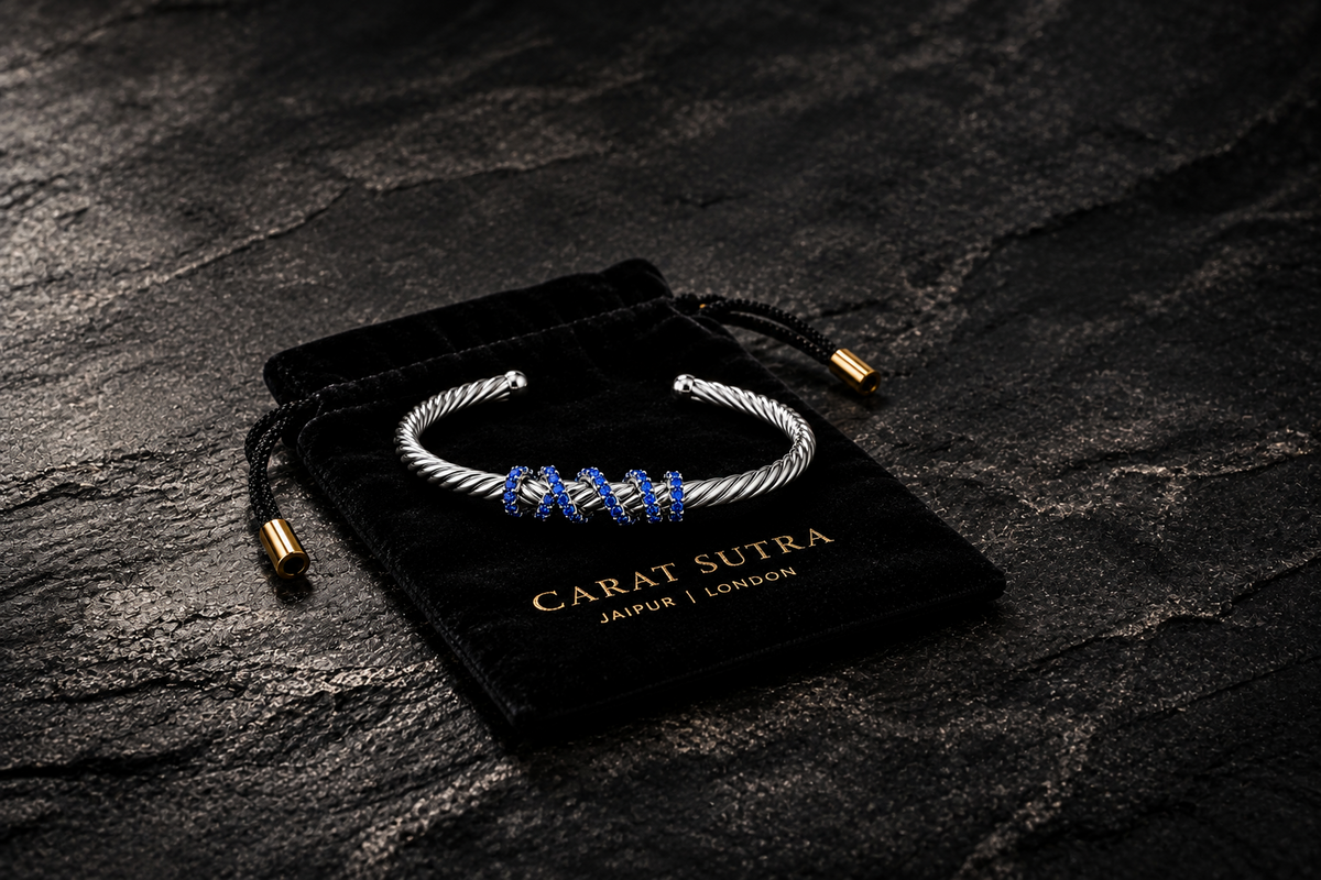 Rope Style Adjustable Cuff Bangle/kadaa studded with Blue Zircons | 925 Sterling Silver Bracelet