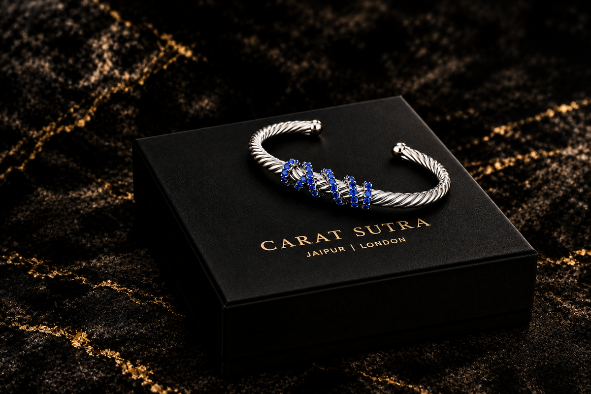 Rope Style Adjustable Cuff Bangle/kadaa studded with Blue Zircons | 925 Sterling Silver Bracelet