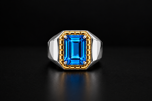 Exclusively Designed Ring with 8Ct Blue Topaz | 925 Sterling Silver Oxidized Ring | Men's Jewelry
